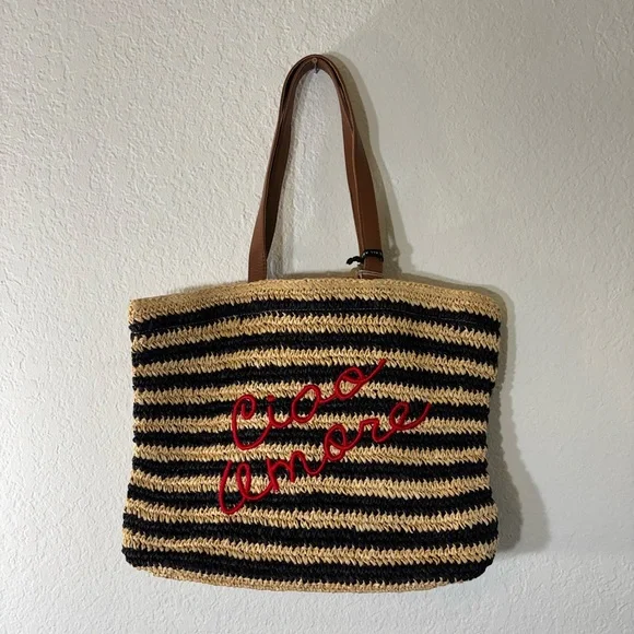 NWT Giada Benincasa De Siena Raffia Ciao Amore Leather Strap Shoulder Tote Bag